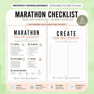 May include: A printable marathon checklist with a race day checklist and a blank checklist. The design includes sections for essentials, pre-race bag, prep & planning, post-race, and final check. The text includes "Stay calm. Trust your training. Enjoy the race."