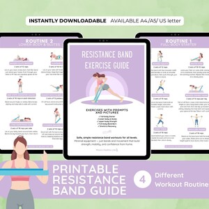 May include: A digital download featuring a printable resistance band exercise guide. The guide includes four different workout routines with prompts and pictures. The design is in shades of purple and white, with illustrations of exercises.