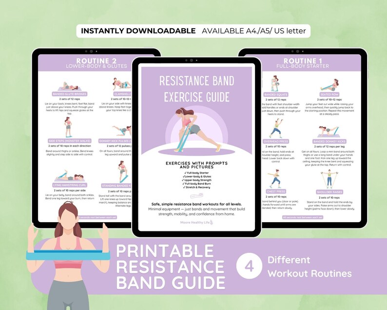 May include: A digital download featuring a printable resistance band exercise guide. The guide includes four different workout routines with prompts and pictures. The design is in shades of purple and white, with illustrations of exercises.