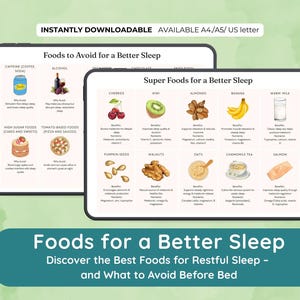 May include: Two digital printables on a light green background. The top printable is titled "Foods to Avoid for a Better Sleep" and the other is titled "Super Foods for a Better Sleep". The bottom printable says "Foods for a Better Sleep".