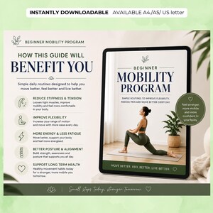 K&ouml;nnte beinhalten: Ein digitaler Download mit dem Titel "Anf&auml;nger Mobilit&auml;tsprogramm" mit einer Frau, die eine &Uuml;bung demonstriert. Der Leitfaden verspricht, Steifheit zu reduzieren, die Flexibilit&auml;t zu verbessern und die Energie zu steigern. Der Text lautet: "Bewegen Sie sich besser, f&uuml;hlen Sie sich besser, leben Sie besser."