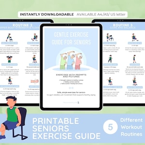 May include: Three digital tablets displaying a printable seniors exercise guide. The guide provides illustrated instructions for exercises focusing on strength, flexibility, core, and balance. Text includes "Gentle Exercise Guide for Seniors" and "Printable Seniors Exercise Guide".