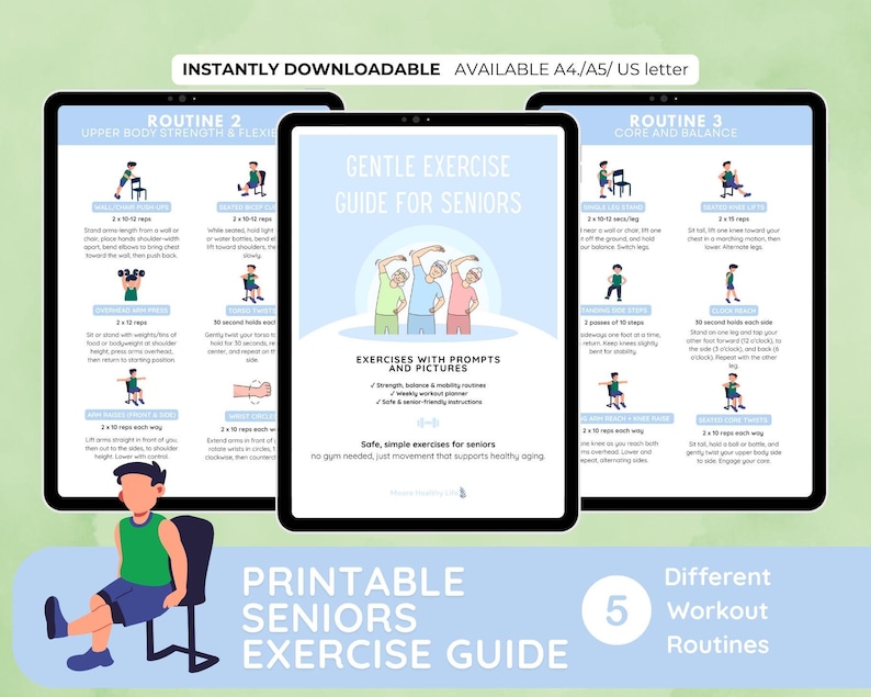 May include: Three digital tablets displaying a printable seniors exercise guide. The guide provides illustrated instructions for exercises focusing on strength, flexibility, core, and balance. Text includes "Gentle Exercise Guide for Seniors" and "Printable Seniors Exercise Guide".