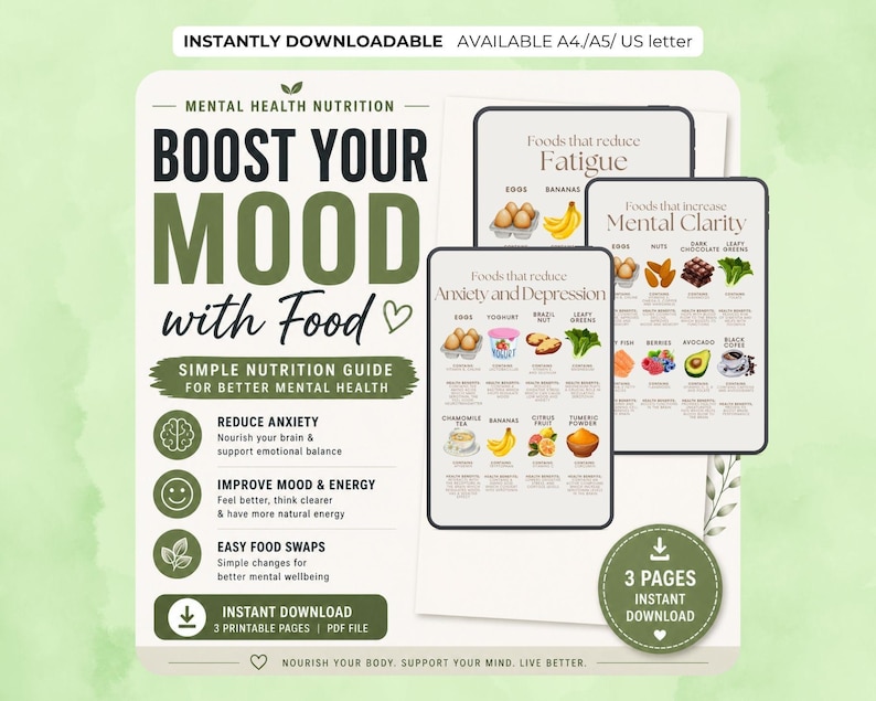 May include: A digital download featuring three printable pages focused on mental health nutrition. The main title reads "Boost Your Mood with Food." The pages include information on foods to reduce fatigue, anxiety, and depression, and increase mental clarity. The download is available in A4/A5/US letter sizes.