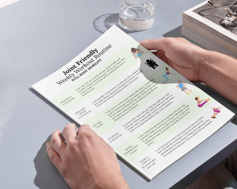 May include: A printable workout routine for full body mobility, titled "Joint Friendly Weekly Workout Routine". The routine includes exercises like neck rolls, shoulder circles, cat-cow, hip circles, seated forward fold, and figure 4 stretch.