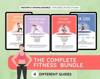 Paquete completo de guías de entrenamiento / Programas con pesas rusas, bandas de resistencia, peso corporal y gimnasio / PDFs imprimibles de fitness para entrenar en casa y en el gimnasio