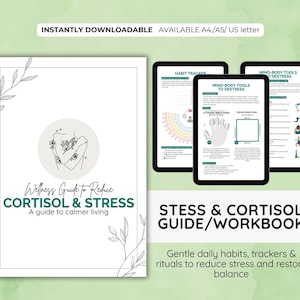 Puede incluir: Una guía digital de bienestar para reducir el cortisol y el estrés, disponible para descarga instantánea. La guía incluye un cuaderno de trabajo con rastreadores de hábitos y herramientas mente-cuerpo para desestresarse. Fondo verde claro.