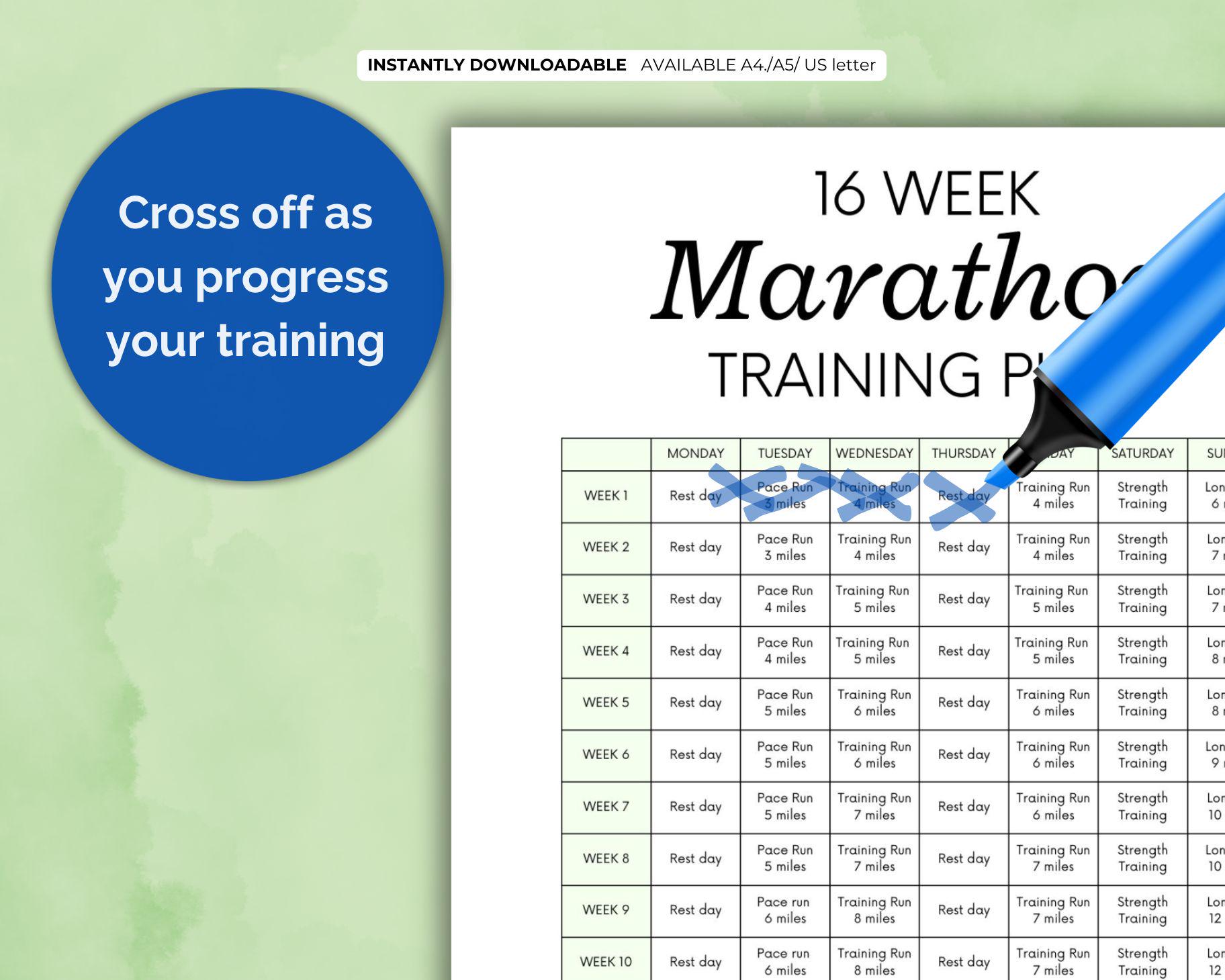 Printable 16 Week Marathon Training Plan, Running Guide, Cardio Tracker ...