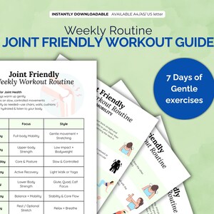 May include: A weekly workout routine guide for joint health. The guide includes 7 days of gentle exercises with a focus on full-body mobility, upper-body strength, core and posture, active recovery, lower body strength, balance and mobility, and rest or optional stretch. The guide also includes tips for joint health, such as warming up gently, focusing on slow, controlled movements, modifying as needed, and staying hydrated.
