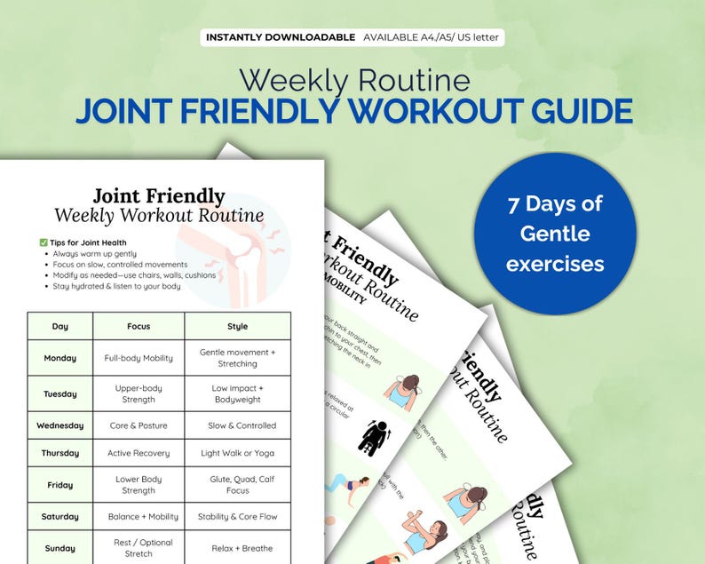 May include: A weekly workout routine guide for joint health. The guide includes 7 days of gentle exercises with a focus on full-body mobility, upper-body strength, core and posture, active recovery, lower body strength, balance and mobility, and rest or optional stretch. The guide also includes tips for joint health, such as warming up gently, focusing on slow, controlled movements, modifying as needed, and staying hydrated.