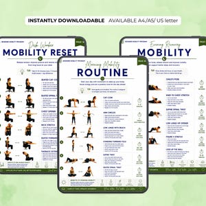 K&ouml;nnte beinhalten: Drei digitale Drucke mit Mobilit&auml;tsroutinen f&uuml;r B&uuml;roangestellte, morgens und abends. Jeder enth&auml;lt illustrierte &Uuml;bungen mit Anweisungen und Zeitangaben. Der Text enth&auml;lt "Mobility Reset", "Morning Mobility Routine" und "Evening Recovery Mobility".