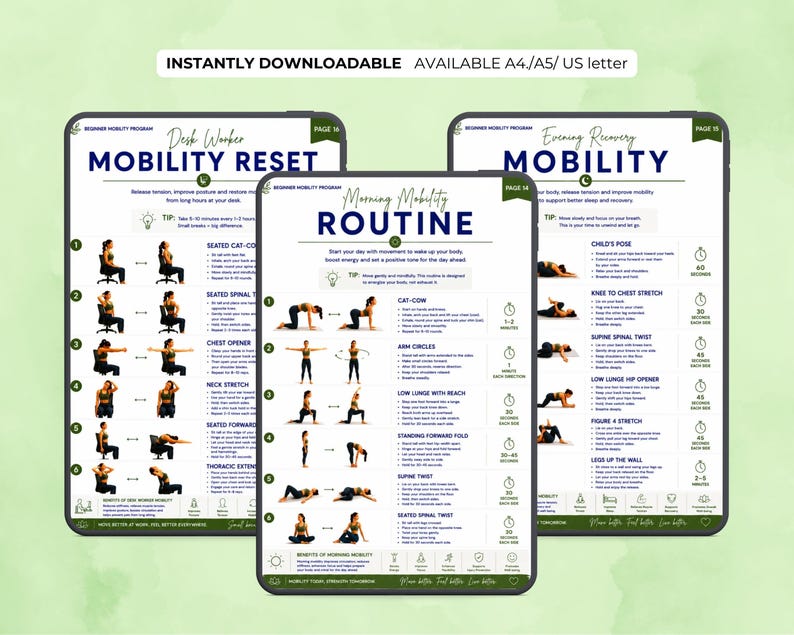 K&ouml;nnte beinhalten: Drei digitale Drucke mit Mobilit&auml;tsroutinen f&uuml;r B&uuml;roangestellte, morgens und abends. Jeder enth&auml;lt illustrierte &Uuml;bungen mit Anweisungen und Zeitangaben. Der Text enth&auml;lt "Mobility Reset", "Morning Mobility Routine" und "Evening Recovery Mobility".