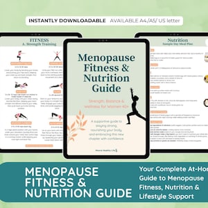 Op de afbeelding: Drie tablets tonen een digitale gids getiteld "Menopause Fitness & Nutrition Guide". De gids biedt krachttraining, een voorbeeldmaaltijdplan en lifestyle-ondersteuning voor vrouwen van 40+. De tekst "INSTANTLY DOWNLOADABLE" is zichtbaar.