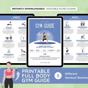 May include: Printable full-body gym guide displayed on three tablets. The guide includes chest, back, leg, shoulder, and arm exercises with prompts and pictures. The text reads "Instantly Downloadable" and "Available A4/A5/US letter."