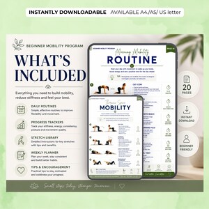 K&ouml;nnte beinhalten: Ein digitales Mobilit&auml;tsprogramm f&uuml;r Anf&auml;nger mit dem Text &bdquo;WAS ENTHALTEN IST&ldquo; und &bdquo;Morning Mobility ROUTINE&ldquo;. Das Programm beinhaltet t&auml;gliche Routinen, Fortschrittsverfolgung, eine Stretch-Bibliothek, einen Wochenplaner und Tipps.