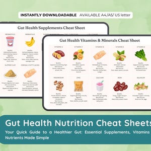 May include: Two digital cheat sheets on a tablet display. The top sheet is titled "Gut Health Supplements Cheat Sheet" and the bottom sheet is titled "Gut Health Vitamins & Minerals Cheat Sheet". The sheets are designed to be instantly downloadable.