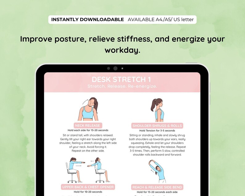 Puede incluir: Una tableta digital muestra una infograf&iacute;a rosa y blanca titulada "DESK STRETCH 1". El gr&aacute;fico proporciona instrucciones para la liberaci&oacute;n del cuello, encogimiento de hombros, apertura de la parte superior de la espalda y flexiones laterales. El texto en la parte superior dice "Mejora tu postura, alivia la rigidez y energiza tu jornada laboral."