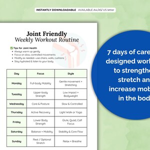 May include: A printable weekly workout routine designed for joint health. The chart includes seven days of workouts with a focus on full-body mobility, upper-body strength, core and posture, active recovery, lower body strength, balance and mobility, and rest or optional stretch. The chart also includes a style column with descriptions of each workout, such as gentle movement, low impact, slow and controlled, light walk or yoga, glute, quad, calf focus, stability and core flow, and relax and breathe.