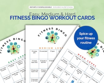 Fitness Bingo Cards Set | Easy, Medium & Hard Difficulty | Printable Workout Game PDF | Exercise Challenge for All Levels | A4, A5 US Let