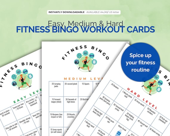 Fitness Bingo Cards Set Easy, Medium Hard Difficulty