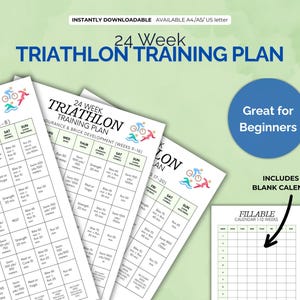 Op de afbeelding: Een printbaar 24-weekse trainingsschema voor triathlon voor beginners. Het schema omvat duurtraining en brick development, met een invulbare kalender voor 12 weken.