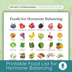 May include: A printable food list for hormone balancing, featuring watercolor illustrations of various fruits and vegetables. The list includes blueberries, strawberries, raspberries, blackberries, pomegranate, apples, papaya, grapes, banana, kiwi, cherries, and oranges.