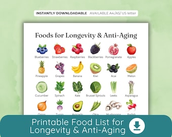 May include: A printable food list for longevity and anti-aging, featuring watercolor illustrations of various fruits and vegetables. The list includes blueberries, strawberries, raspberries, blackberries, pomegranate, apples, pineapple, grapes, banana, kiwi, acai, melon, cucumber, spinach, kale, and more.