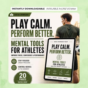 Może przedstawiać: Grafika do pobrania cyfrowego z tekstem "Play Calm. Perform Better. Mental Tools for Athletes." Obraz zawiera osobę trzymającą piłkę nożną i tablet z tym samym tekstem. Przewodnik obiecuje poprawę koncentracji, pewności siebie i wydajności.