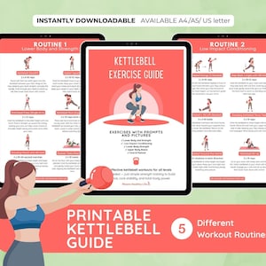 Puede incluir: Guía de ejercicios de kettlebell imprimible con 5 rutinas de entrenamiento. La guía presenta ejercicios con indicaciones e imágenes para la parte inferior del cuerpo, fuerza y acondicionamiento de bajo impacto. Descarga instantánea, formatos A4/A5/US letter.