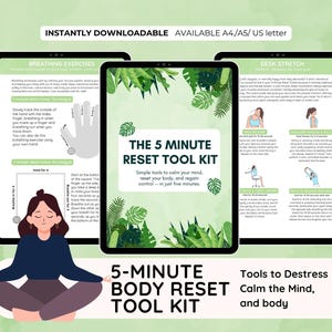 Puede incluir: Tres tabletas digitales que muestran el "Kit de herramientas de reinicio de 5 minutos", con ejercicios de respiración y estiramientos de escritorio. La imagen incluye una mujer meditando y el texto "Herramientas para desestresarse, Calmar la mente y el cuerpo".