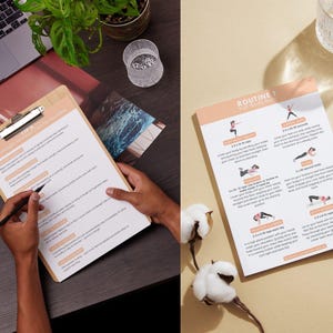 May include: A wooden clipboard with a silver clip holding a printed document with text. A person is holding the clipboard and writing with a pen. A second document with exercise instructions is also visible. The documents are on a dark surface.