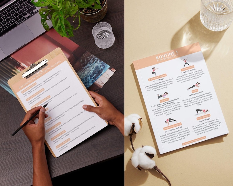 May include: A wooden clipboard with a silver clip holding a printed document with text. A person is holding the clipboard and writing with a pen. A second document with exercise instructions is also visible. The documents are on a dark surface.