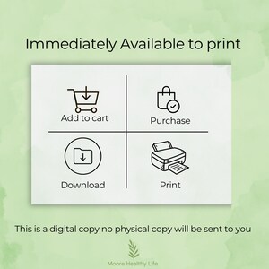 May include: A digital print graphic with the text "Immediately Available to print." The image features icons for adding to cart, purchasing, downloading, and printing. The text "This is a digital copy no physical copy will be sent to you" is also included.