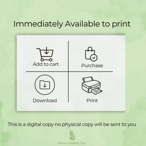 May include: A digital print graphic with the text "Immediately Available to print." The image features icons for adding to cart, purchasing, downloading, and printing. The text "This is a digital copy no physical copy will be sent to you" is also included.
