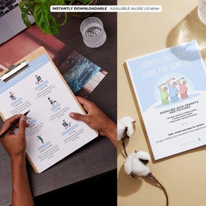 May include: A clipboard with exercise instructions and a book titled "Gentle Exercise Guide for Seniors" are displayed. The clipboard has illustrations of exercises. The book cover features illustrations of people exercising. Text on the image reads "Instantly Downloadable".