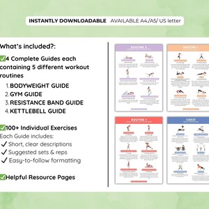 May include: A digital fitness guide with workout routines. The guide includes four complete guides with five workout routines each, including bodyweight, gym, resistance band, and kettlebell exercises. The guide also includes over 100 individual exercises with short descriptions.