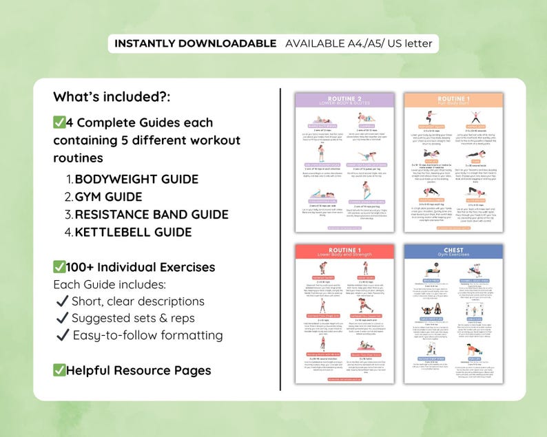 May include: A digital fitness guide with workout routines. The guide includes four complete guides with five workout routines each, including bodyweight, gym, resistance band, and kettlebell exercises. The guide also includes over 100 individual exercises with short descriptions.