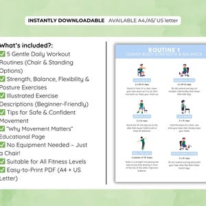 May include: A downloadable PDF fitness guide with a light blue and white design. The guide includes a lower body strength and balance routine with illustrated exercises, beginner-friendly descriptions, and tips for safe movement. It requires no equipment, just a chair.
