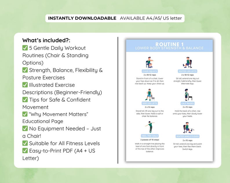 May include: A downloadable PDF fitness guide with a light blue and white design. The guide includes a lower body strength and balance routine with illustrated exercises, beginner-friendly descriptions, and tips for safe movement. It requires no equipment, just a chair.