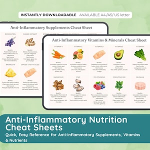May include: Two digital cheat sheets on a tablet display. The top sheet is titled "Anti-Inflammatory Supplements Cheat Sheet" and the bottom sheet is titled "Anti-Inflammatory Vitamins & Minerals Cheat Sheet". The bottom of the image reads "Anti-Inflammatory Nutrition Cheat Sheets".