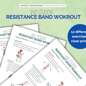 Puede incluir: Una guía de entrenamiento imprimible con ilustraciones que muestran 12 ejercicios diferentes con una banda de resistencia. La guía se titula "No Floor Resistance Band Workout" e incluye instrucciones para cada ejercicio.