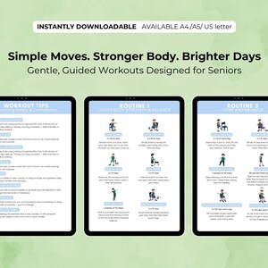 May include: Three digital tablets showing exercise routines for seniors. The tablets display text and illustrations for gentle, guided workouts. The image header reads "Simple Moves. Stronger Body. Brighter Days" and "INSTANTLY DOWNLOADABLE".