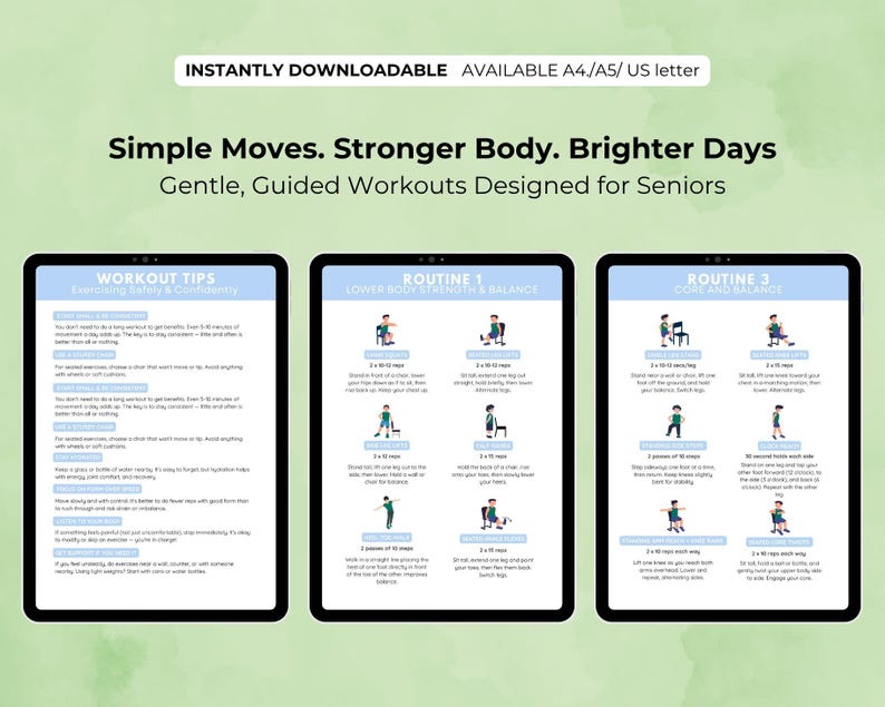 May include: Three digital tablets showing exercise routines for seniors. The tablets display text and illustrations for gentle, guided workouts. The image header reads "Simple Moves. Stronger Body. Brighter Days" and "INSTANTLY DOWNLOADABLE".