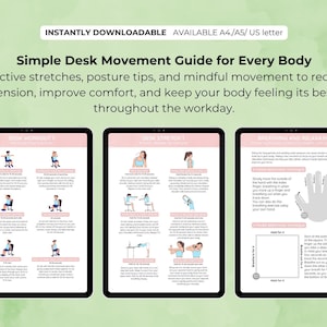 Puede incluir: Gu&iacute;a digital de movimientos de escritorio con estiramientos efectivos, consejos posturales y ejercicios de atenci&oacute;n plena. Disponible en formatos A4/A5/US letter, descarga instant&aacute;nea. Reduce la tensi&oacute;n y mejora el confort.