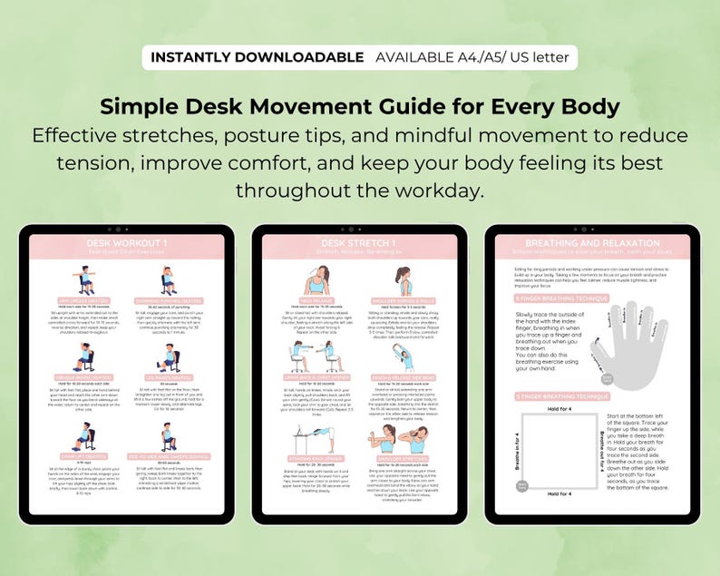 Puede incluir: Gu&iacute;a digital de movimientos de escritorio con estiramientos efectivos, consejos posturales y ejercicios de atenci&oacute;n plena. Disponible en formatos A4/A5/US letter, descarga instant&aacute;nea. Reduce la tensi&oacute;n y mejora el confort.