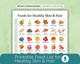 Foods for Healthy Skin and Hair Printable | Protein, Fruits, Veggies and Fats Nutrition Guide | Collagen boosting | Nutrition Infographic