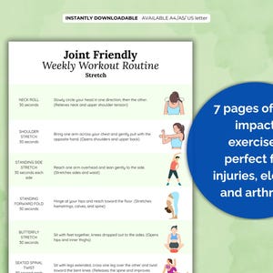 May include: A printable workout routine for joint-friendly exercises. The routine includes 7 pages of low-impact exercises perfect for injuries, elderly, and arthritis. The image shows a woman performing a neck roll stretch.