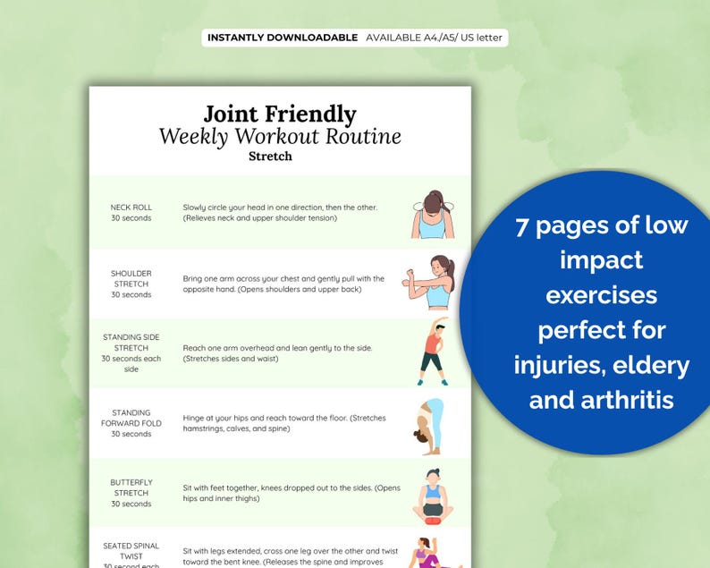 May include: A printable workout routine for joint-friendly exercises. The routine includes 7 pages of low-impact exercises perfect for injuries, elderly, and arthritis. The image shows a woman performing a neck roll stretch.