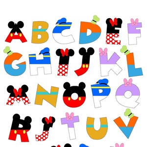 May include: A colorful alphabet with Mickey Mouse, Minnie Mouse, and Donald Duck themed designs. Each letter is decorated with a different character's signature colors and accessories.