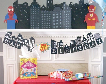 Superhero Cityscape PRINTABLE Banner with Number Burst